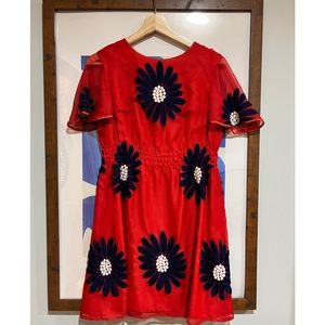 Vintage Red Chiffon Floral Embroidered Dress